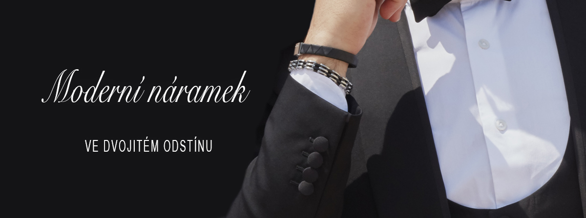 kovový náramek pro muže vytvořený v moderní dvojtónové konstrukci v černé a stříbrné barvě se prezentuje ve stylu, který působí mužsky a elegantně